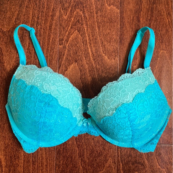 Victoria’s Secret Dream Angels Plunge Bra Size 34D Teal Aqua Lace Push up padded - Picture 1 of 14